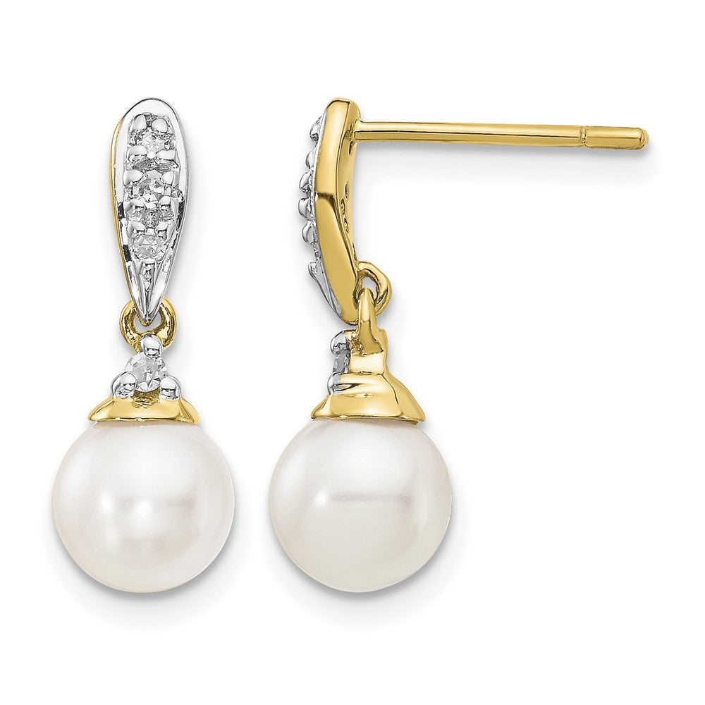 14k 6- White Round Freshwater Cultured Pearl and .08 carat Diamond Dangle Post Earrings