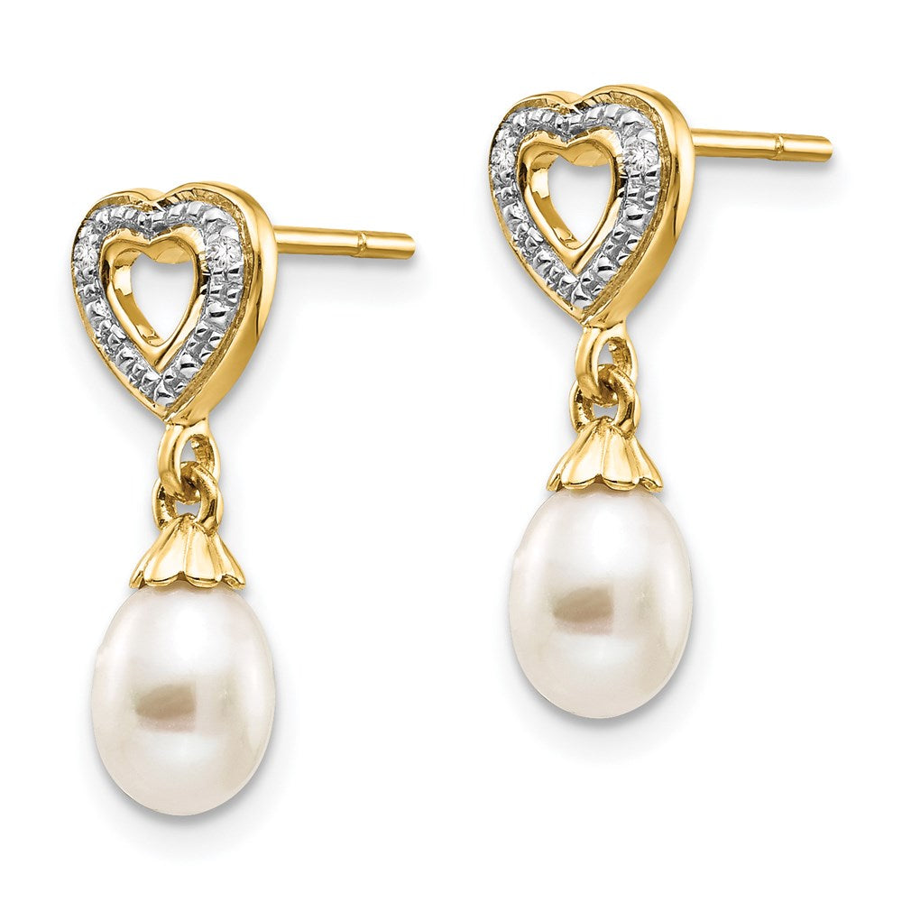 14k 7x Teardrop FWC Pearl .01ct Heart Diamond Dangle Earrings