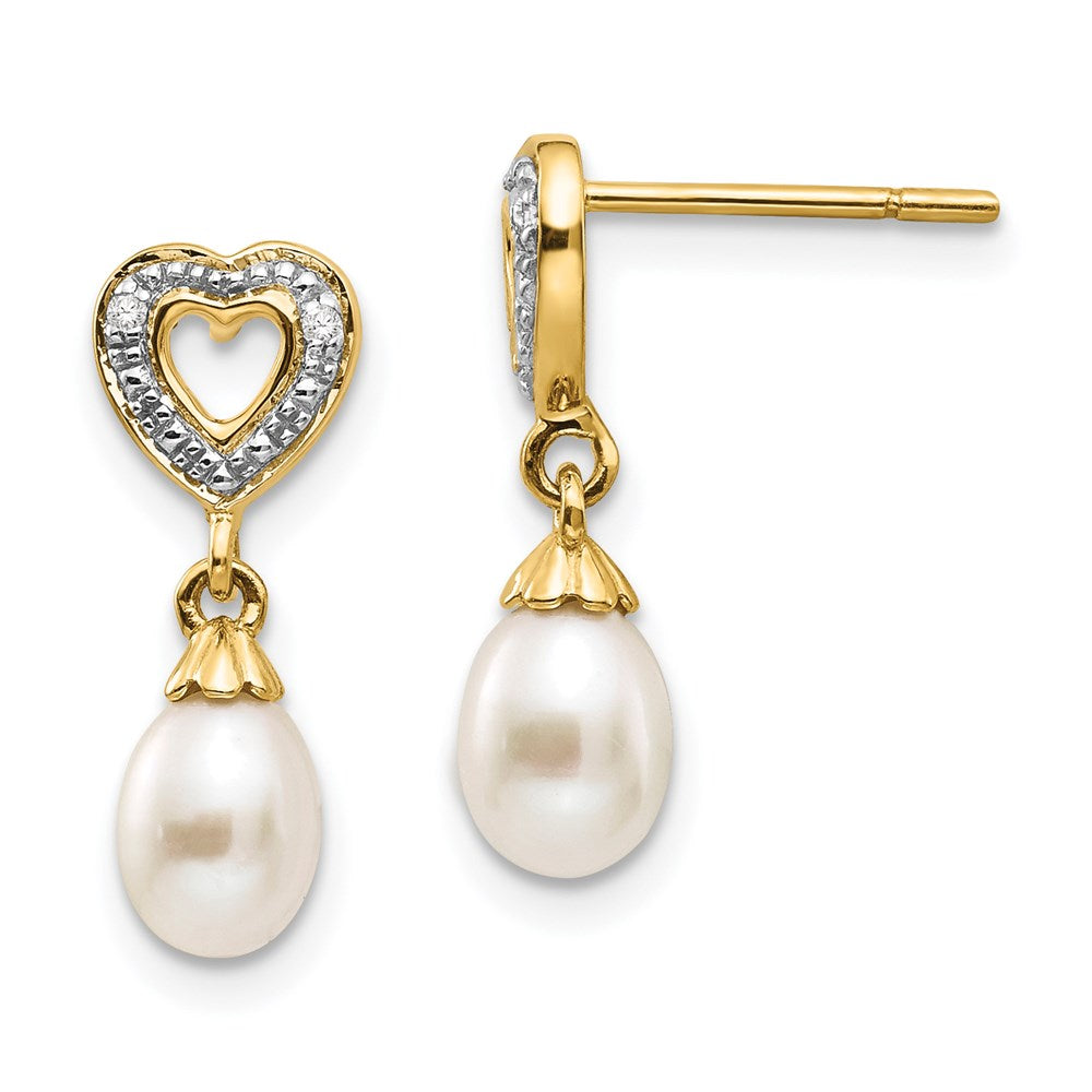 14k 7x Teardrop FWC Pearl .01ct Heart Diamond Dangle Earrings