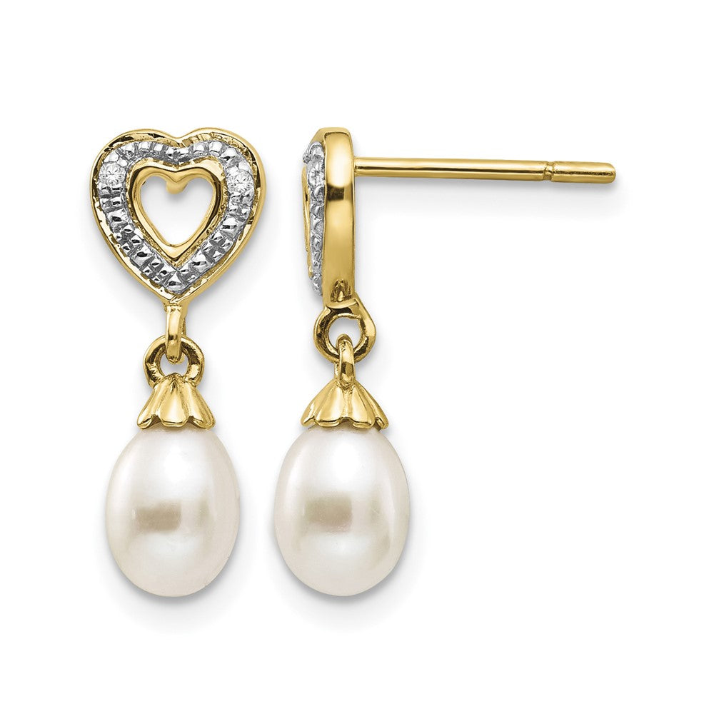 14k 7x White Teardrop Freshwater Cultured Pearl and .01 carat Diamond Heart Dangle Post Earrings