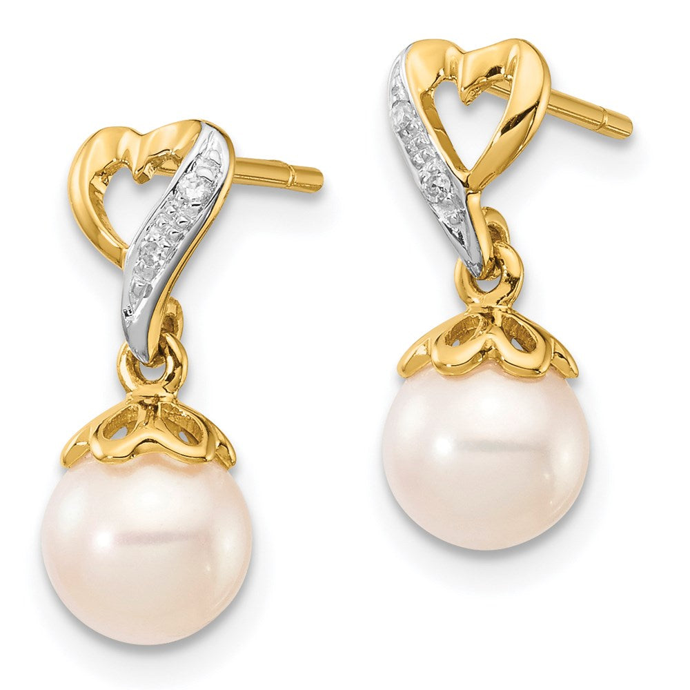 14k 6- Round FWC Pearl .01ct Heart Diamond Dangle Earrings