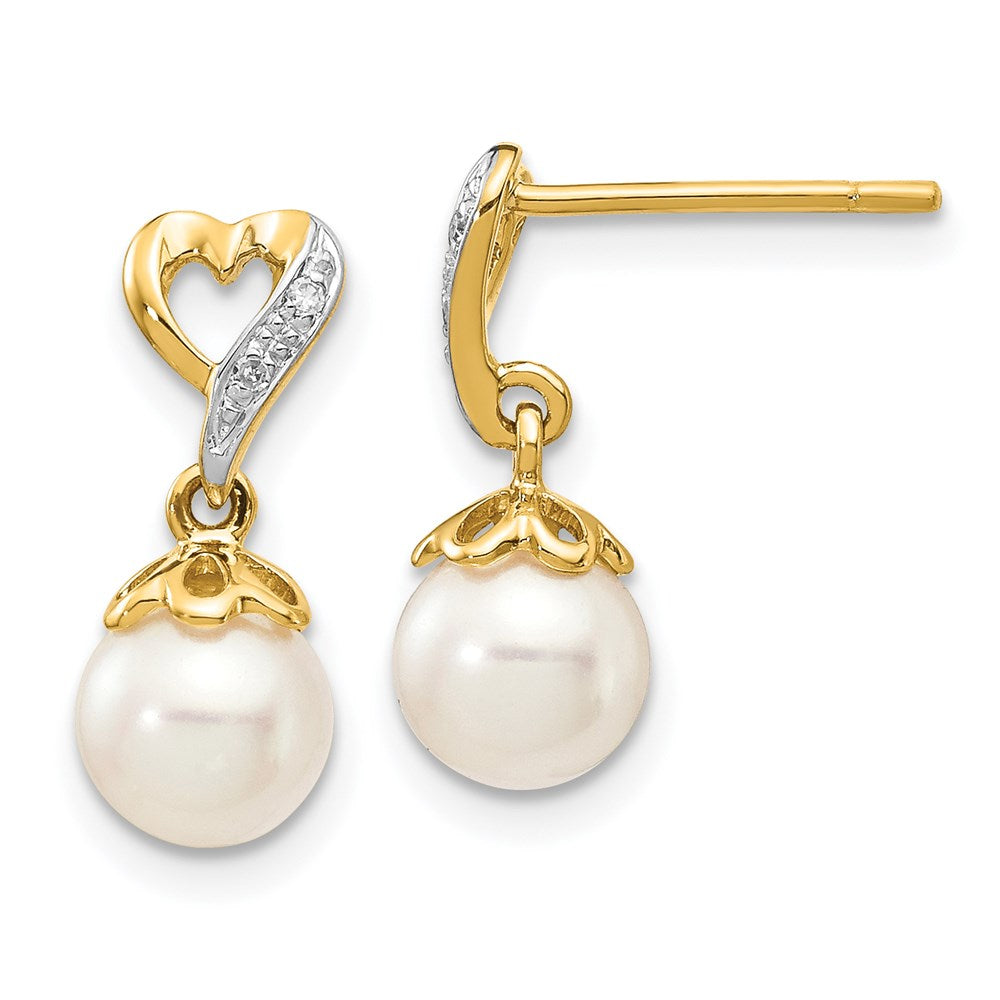 14k 6- Round FWC Pearl .01ct Heart Diamond Dangle Earrings