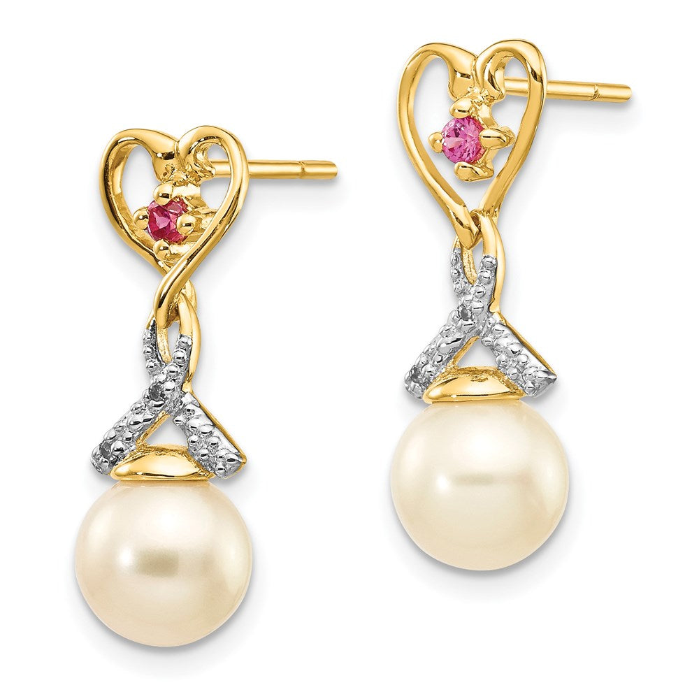 14k 7- FWC Pearl Created Ruby Diamond Heart Dangle Earrings