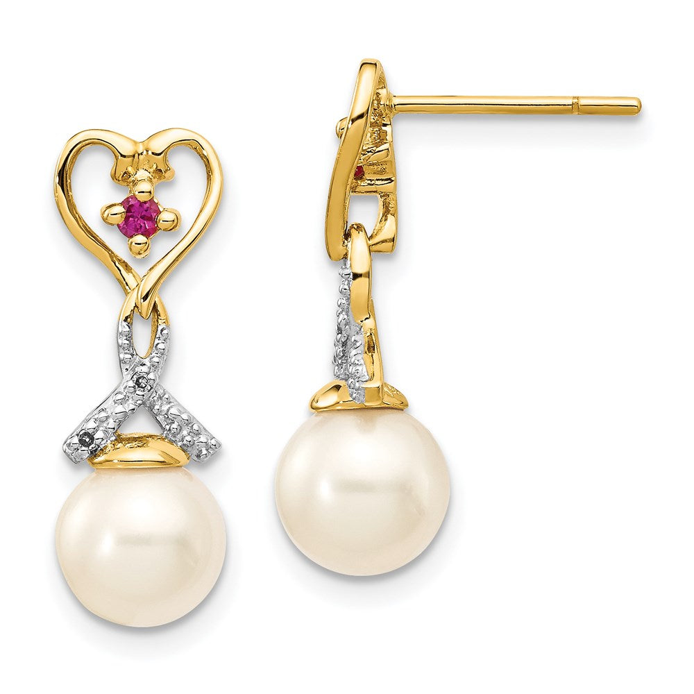 14k 7- FWC Pearl Created Ruby Diamond Heart Dangle Earrings