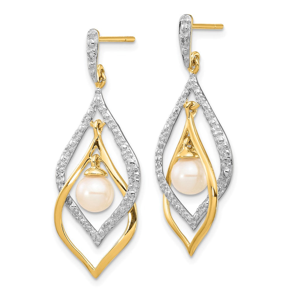 14k 5- White Round FWC Pearl .02ct Diamond Dangle Earrings