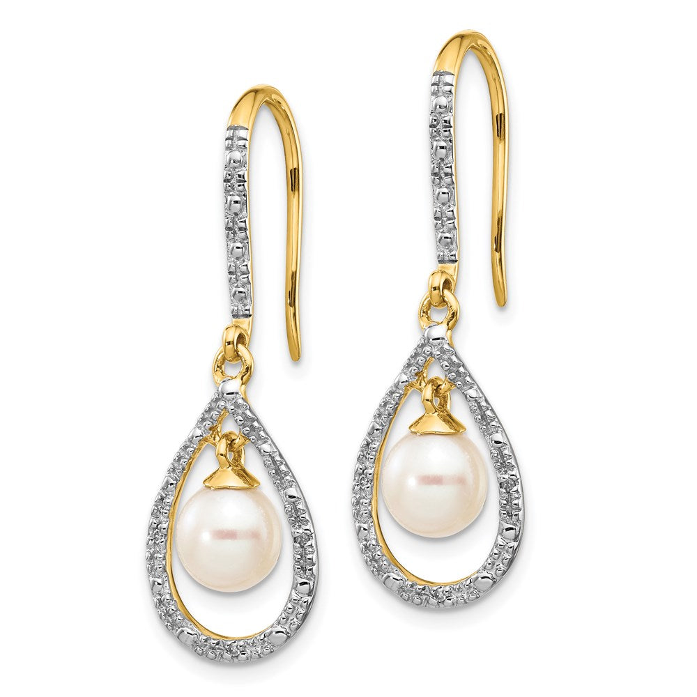 14k 6- White Round Freshwater Cultured Pearl and .02 carat Diamond Shepherd Hook Dangle Earrings