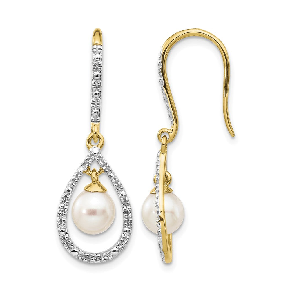14k 6- White Round Freshwater Cultured Pearl and .02 carat Diamond Shepherd Hook Dangle Earrings