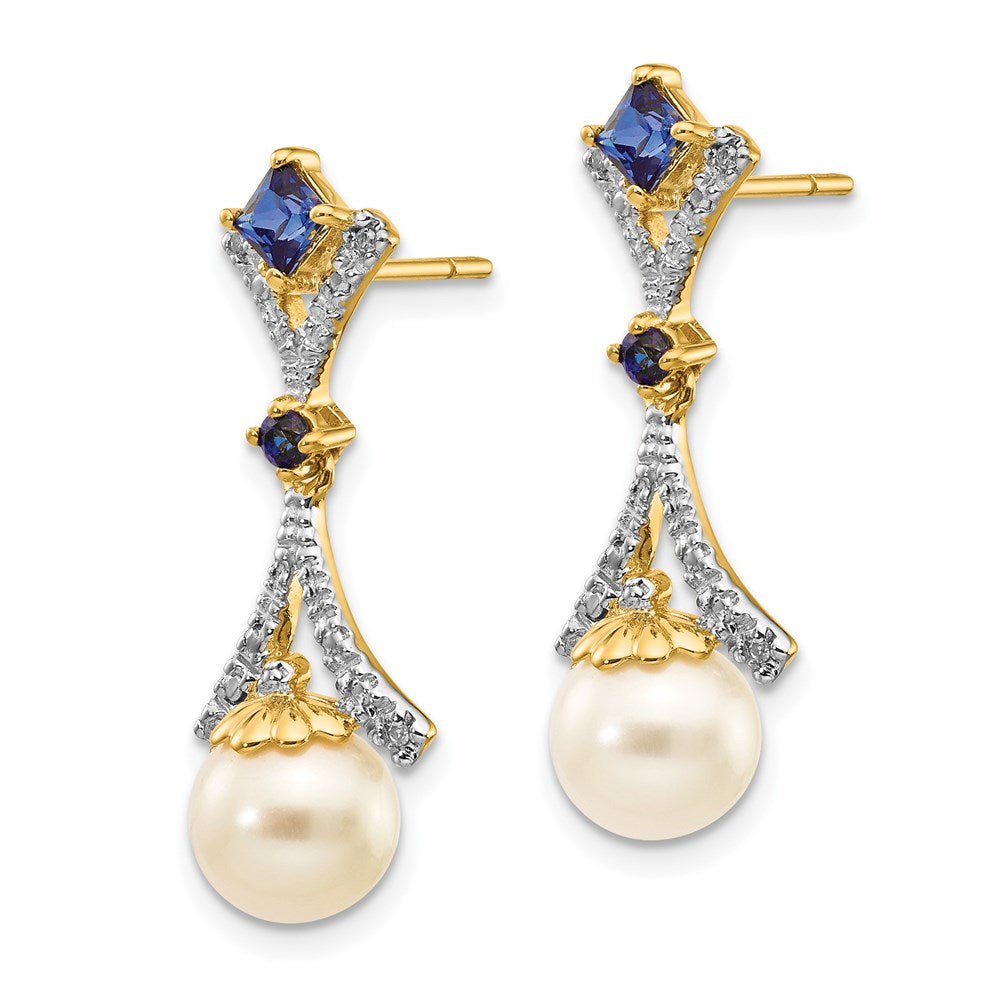 14k 7- FWC Pearl Created Sapphire Diamond Dangle Post Earrings