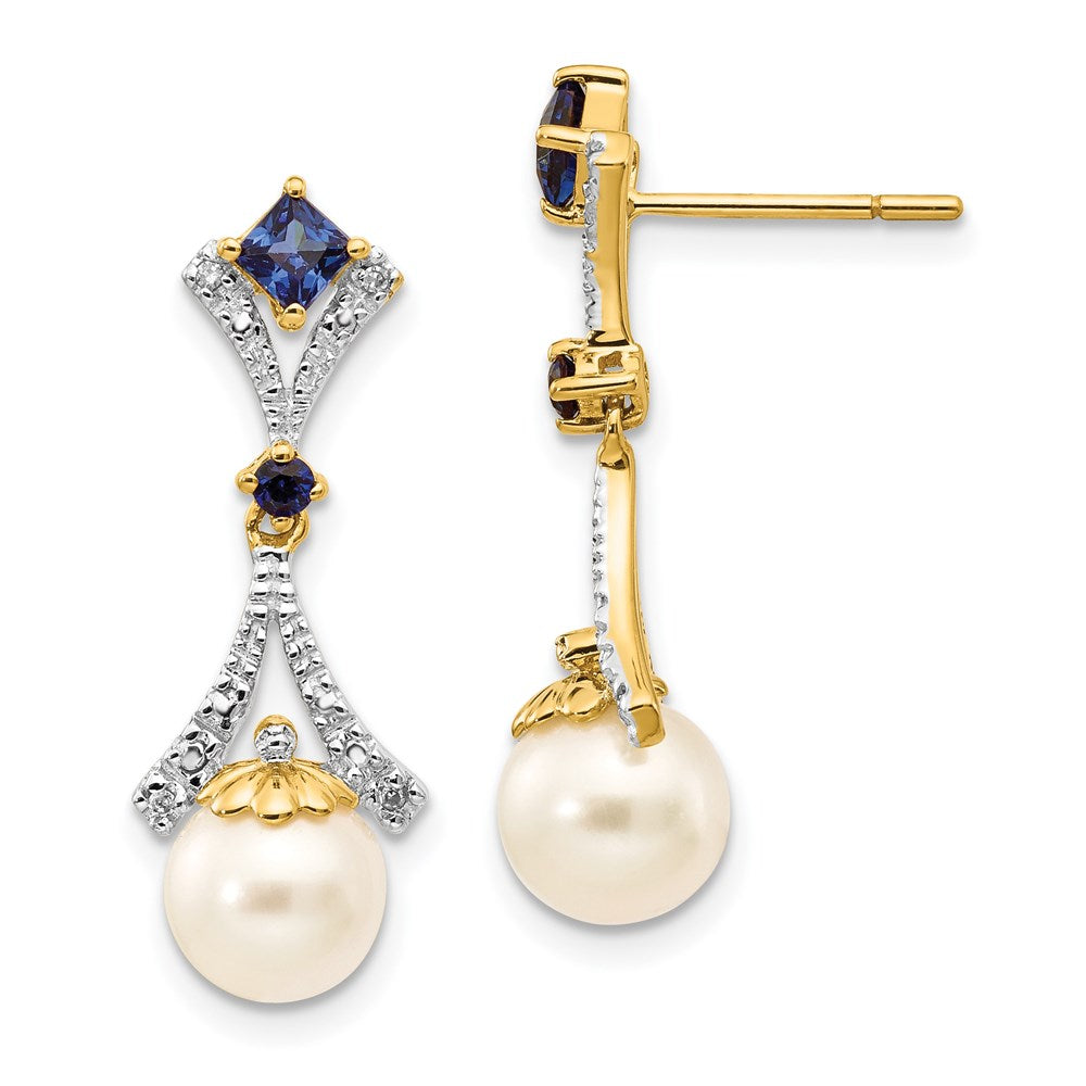 14k 7- FWC Pearl Created Sapphire Diamond Dangle Post Earrings