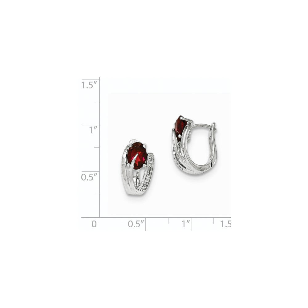 14K White Gold Diamond & Garnet Polished Hinged Hoop Earrings