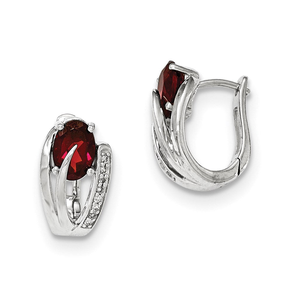 14K White Gold Diamond & Garnet Polished Hinged Hoop Earrings
