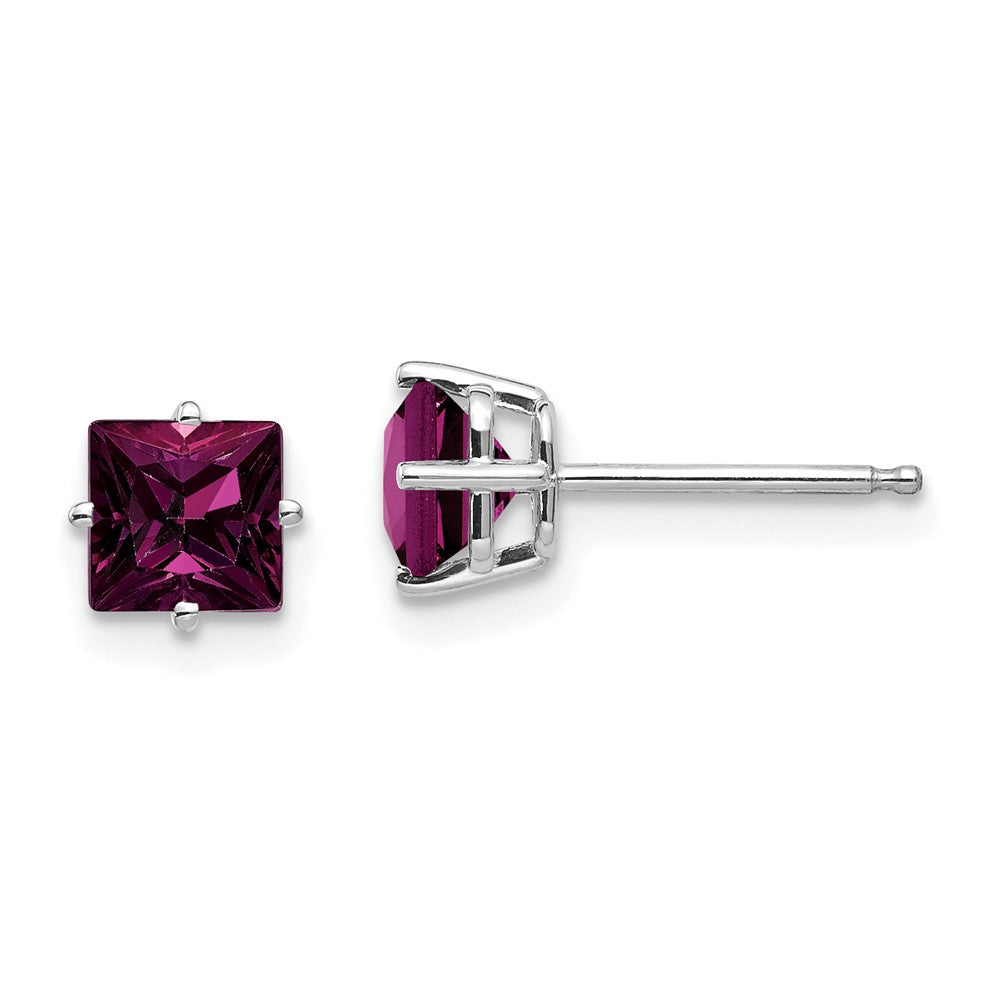 14k White Gold Rhodolite Garnet Princess Stud Earrings