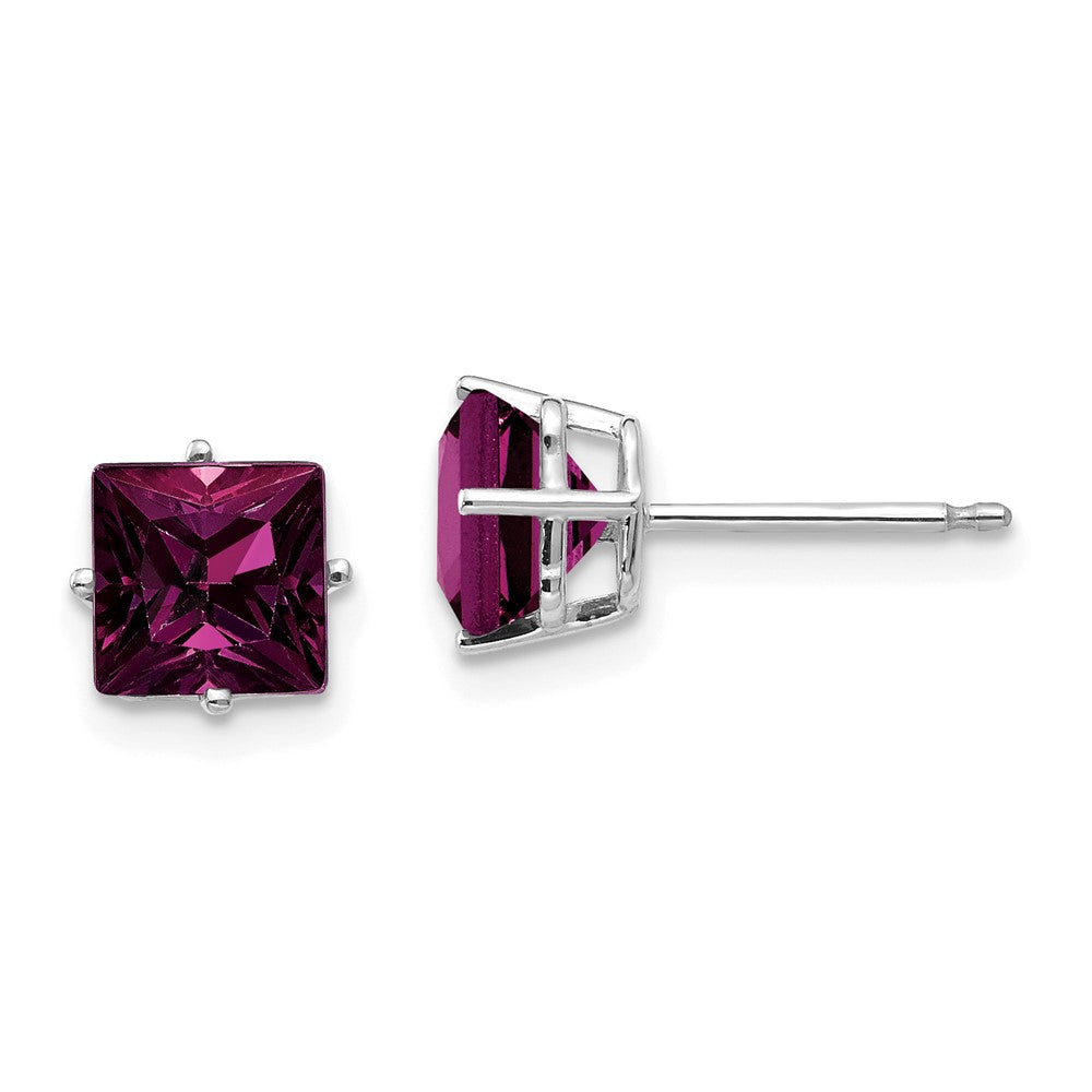 14k White Gold Princess-cut Rhodolite Garnet Stud Post Earrings