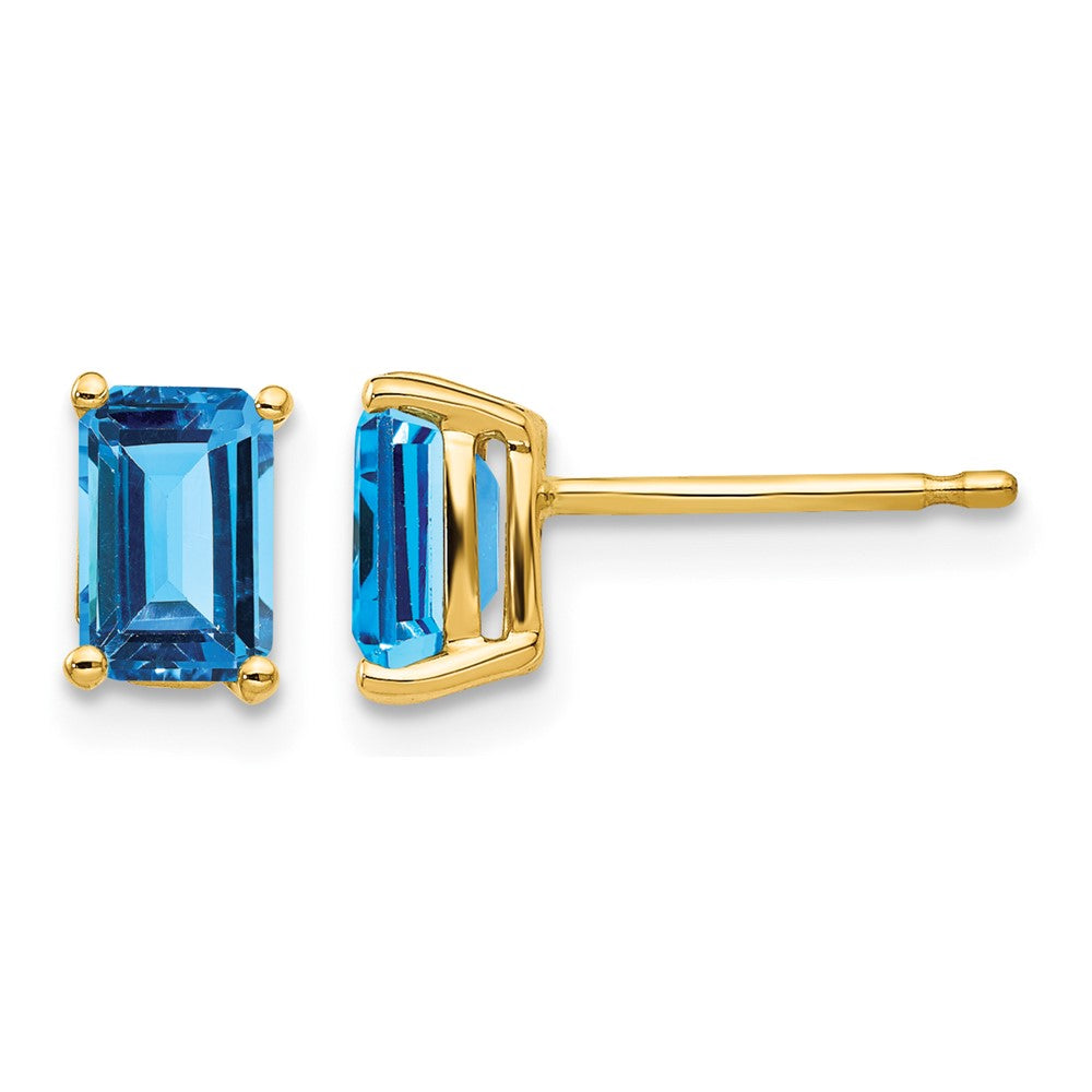 14k 6x Emerald-cut Blue Topaz Post Earrings