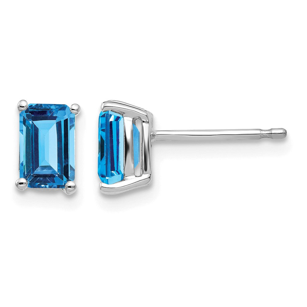 14k White Gold 6x Emerald-cut Blue Topaz Post Earrings