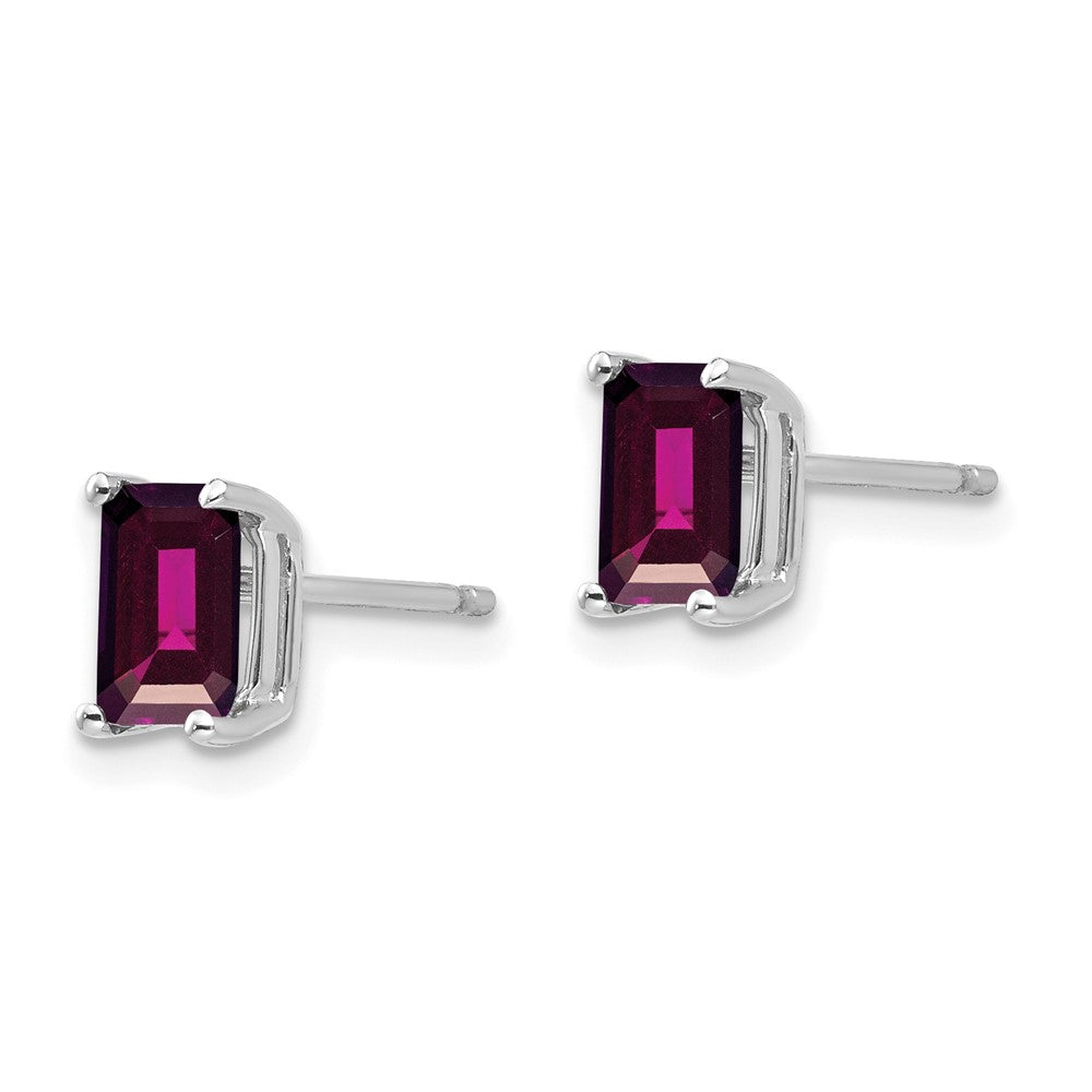 14k White Gold 6x Emerald-Cut Rhodolite Garnet Stud Earrings