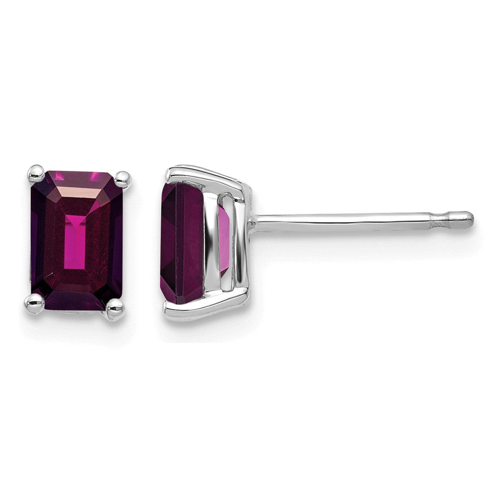 14k White Gold 6x Emerald-Cut Rhodolite Garnet Stud Earrings