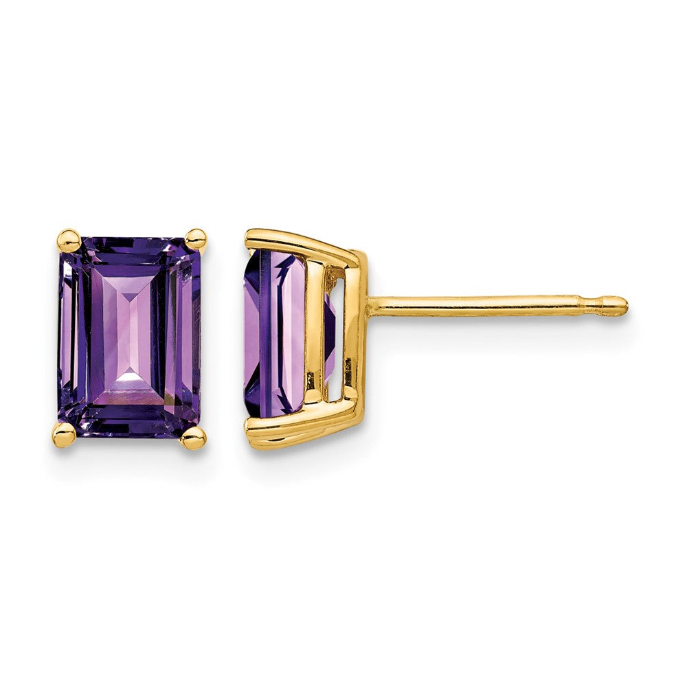 14k 7x Emerald-Cut Amethyst Post Earrings