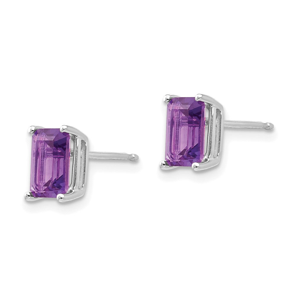 14k White Gold 7x Emerald-Cut Amethyst Post Earrings