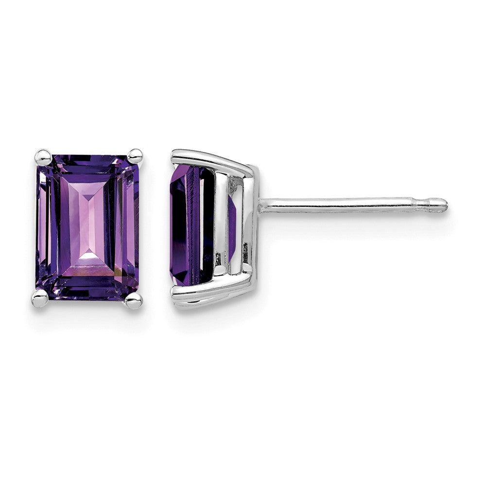 14k White Gold 7x Emerald-Cut Amethyst Post Earrings