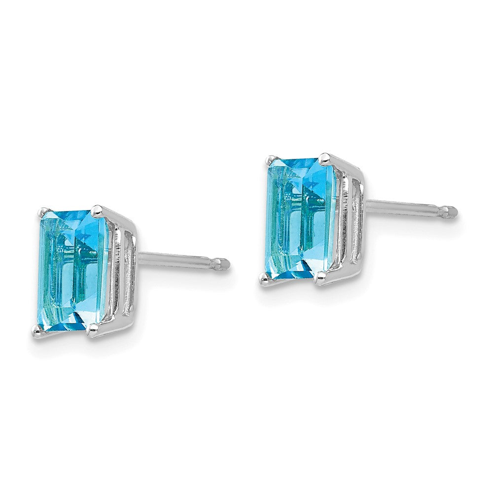 14k White Gold 7x Emerald-Cut Blue Topaz Post Earrings