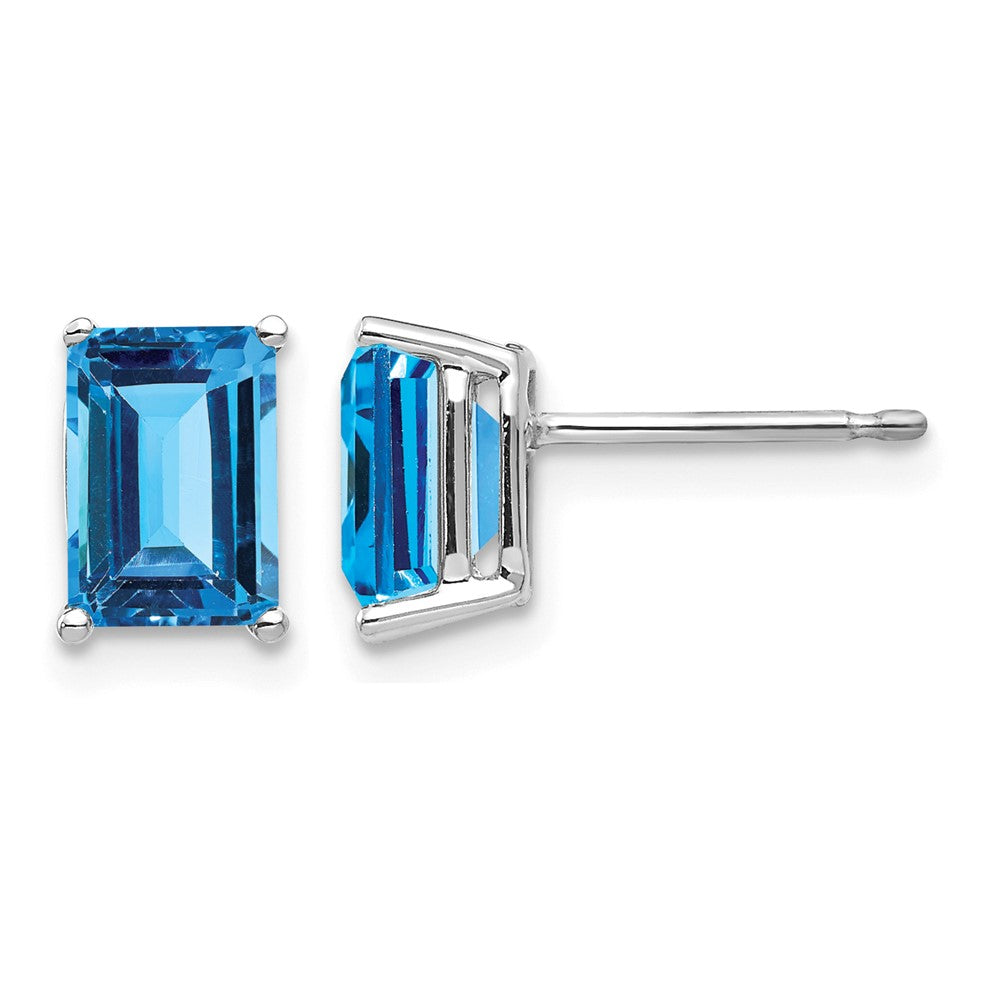 14k White Gold 7x Emerald-Cut Blue Topaz Post Earrings