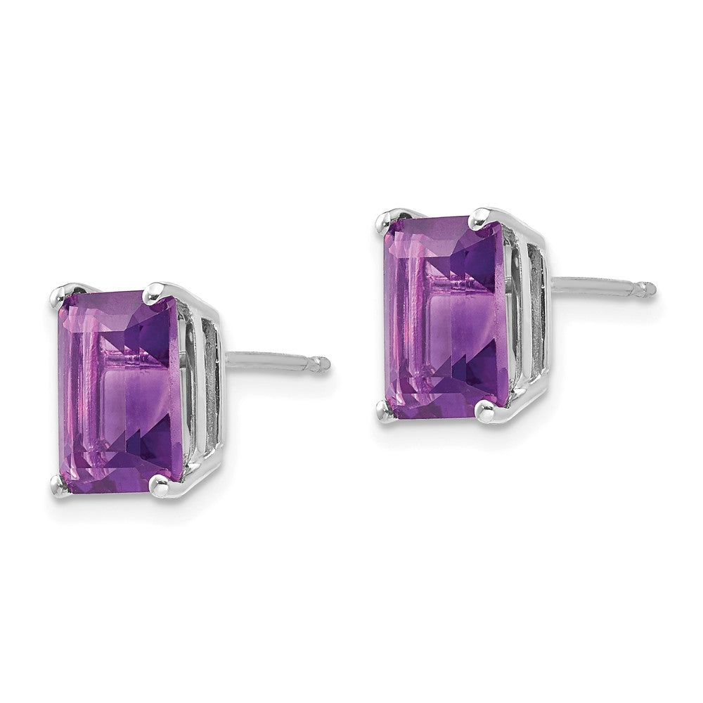 14k White Gold 9x Emerald-Cut Amethyst Post Earrings