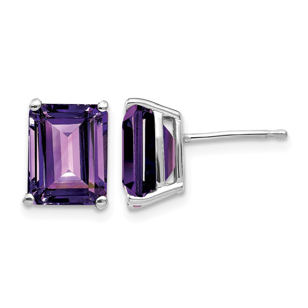14k White Gold 9x Emerald-Cut Amethyst Post Earrings