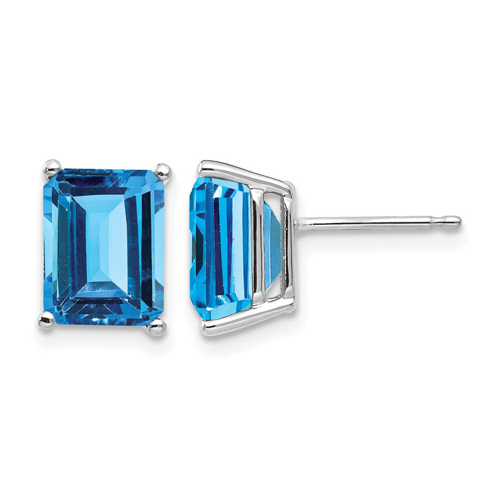 14k White Gold 9x Emerald-Cut Blue Topaz Post Earrings