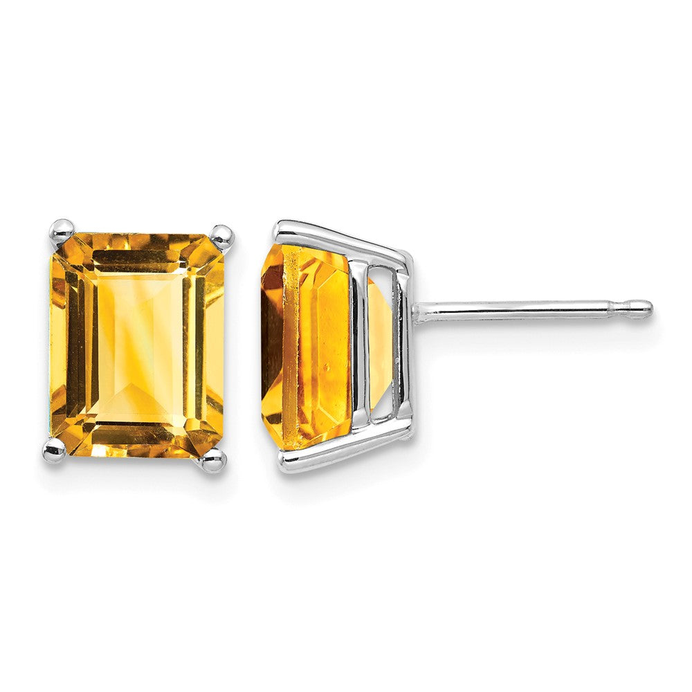 14k White Gold 9x Emerald-Cut Citrine Post Earrings