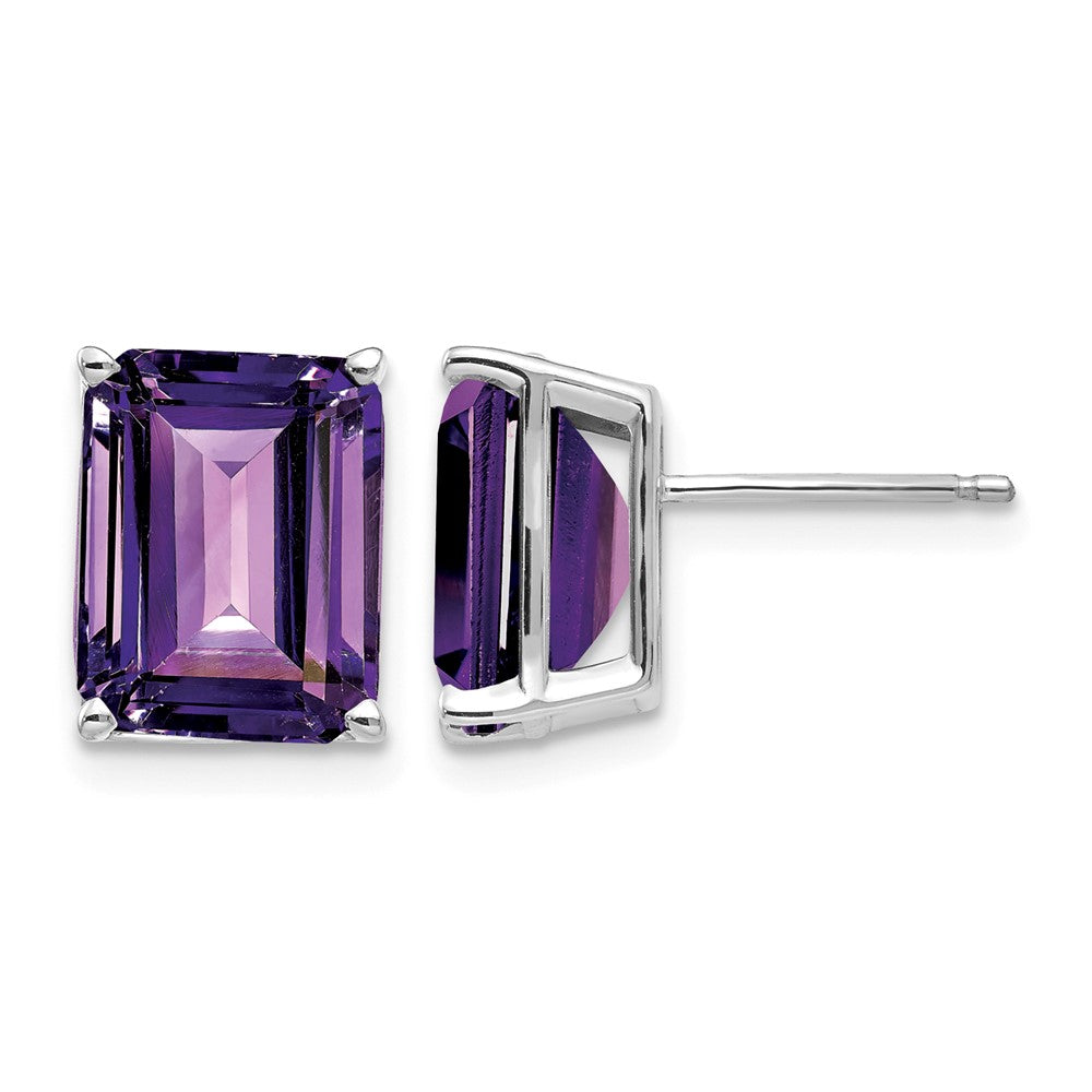 14k White Gold 10x Emerald-Cut Amethyst Stud Post Earrings