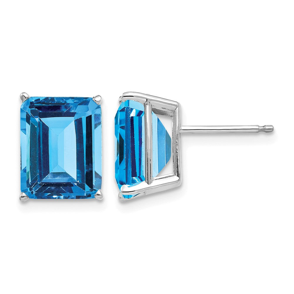 14k White Gold 10x Emerald-Cut Blue Topaz Post Earrings