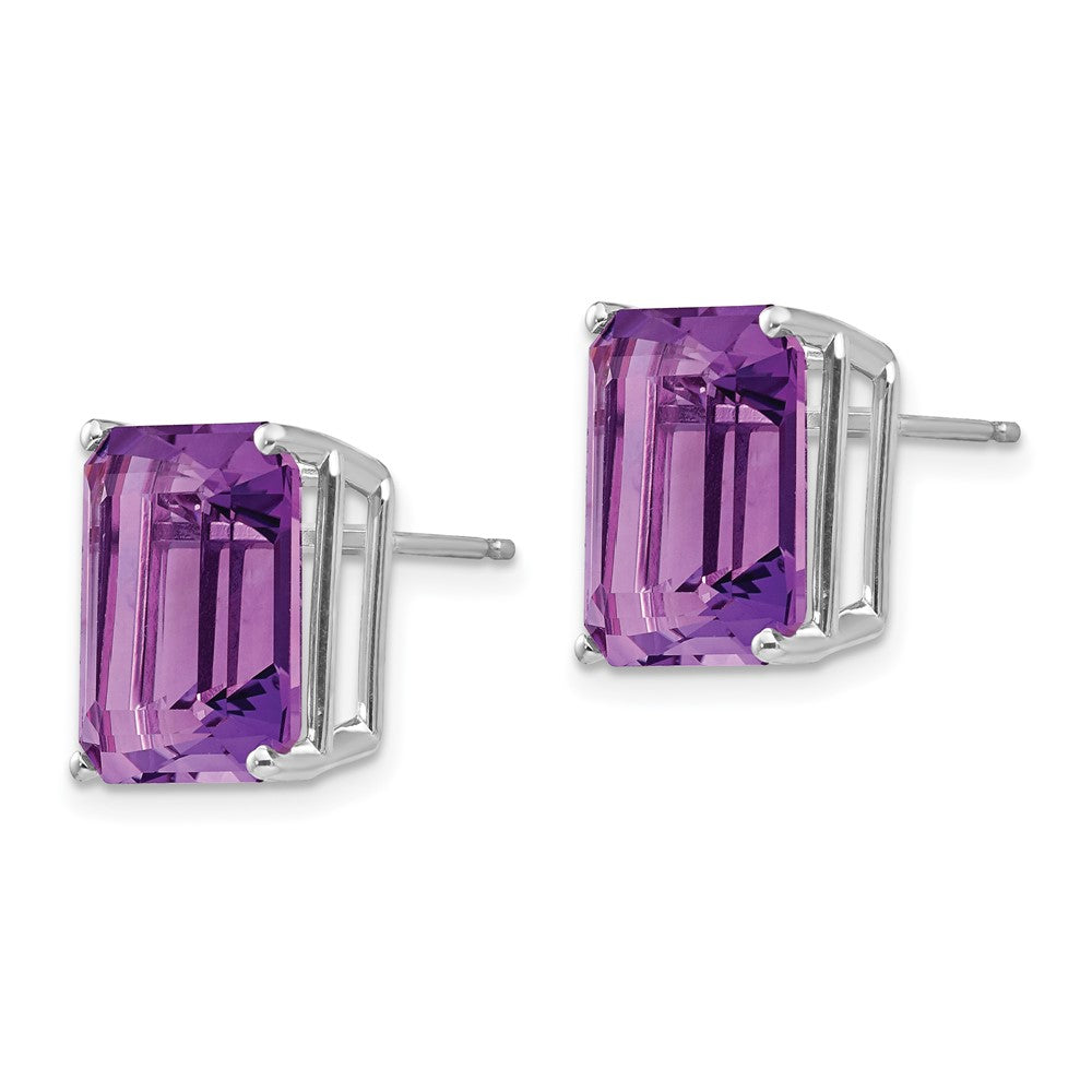 14k White Gold 12x Emerald-Cut Amethyst Post Earrings