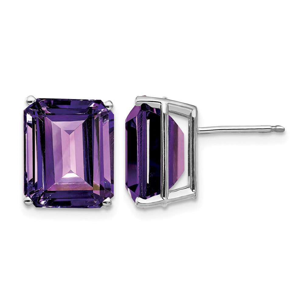 14k White Gold 12x Emerald-Cut Amethyst Post Earrings