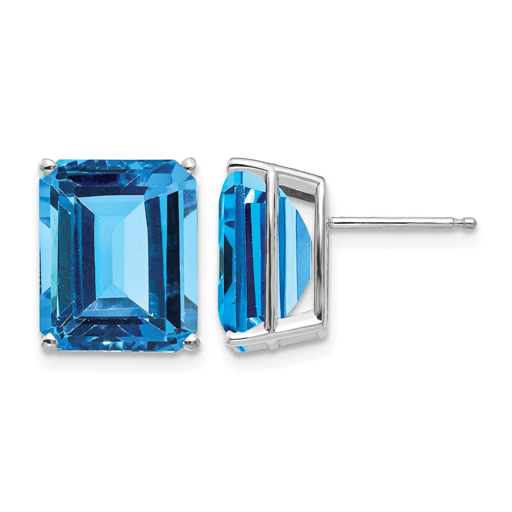 14k White Gold 12x Emerald-Cut Blue Topaz Post Earrings