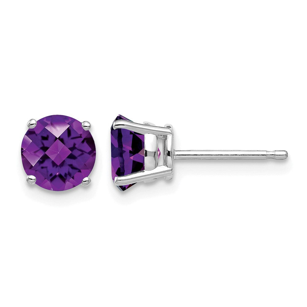 14k White Gold Round Checker-cut Amethyst Post Earrings