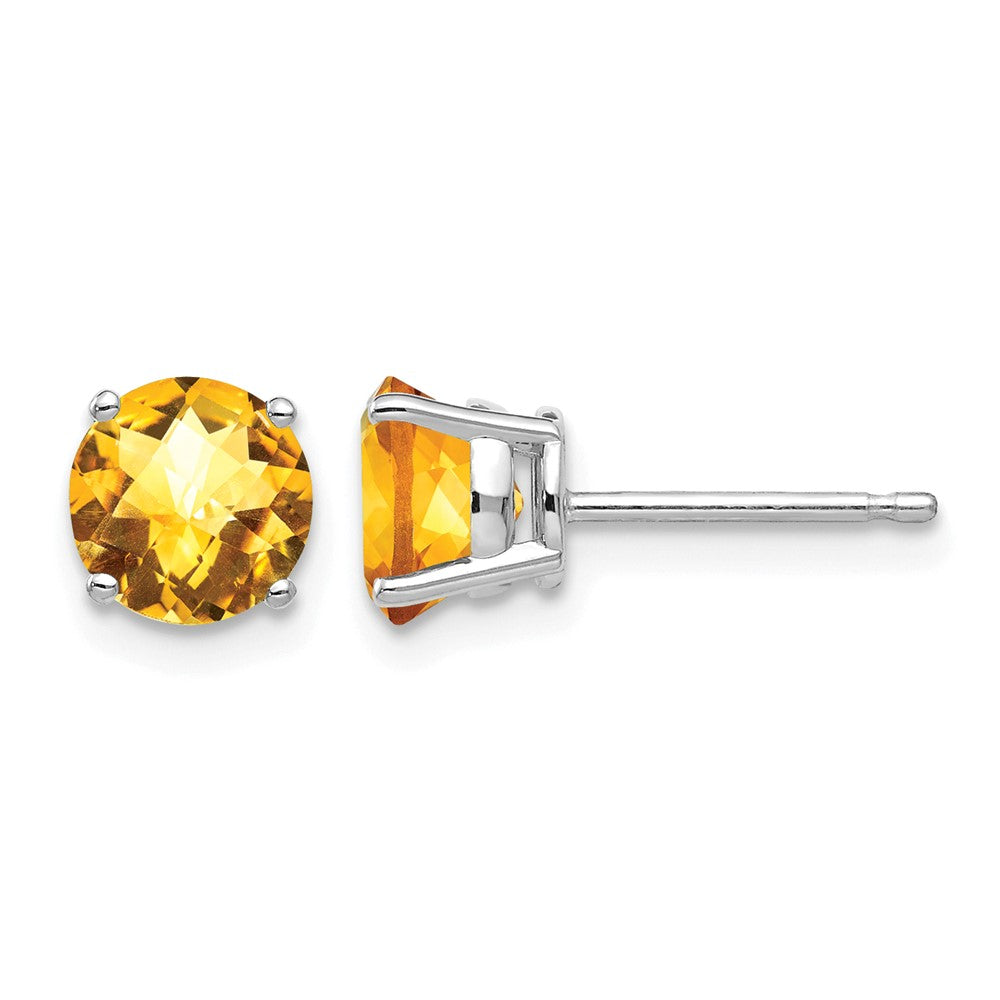 14k White Gold Round Checker-cut Citrine Post Earrings