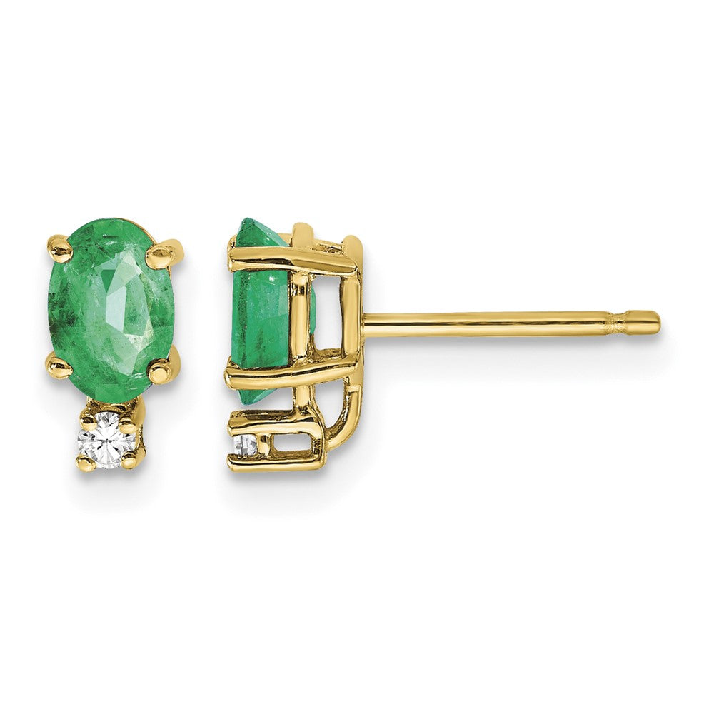 14k 6x Oval Emerald and AAA Quality Diamond Post Earrings