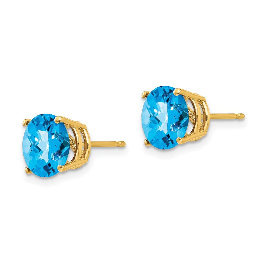 14k Round Checker-cut Blue Topaz Post Earrings