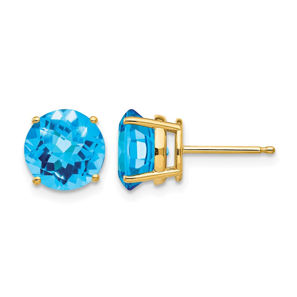 14k Round Checker-cut Blue Topaz Post Earrings