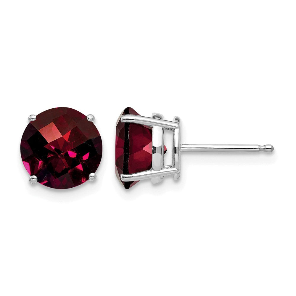 14k White Gold Round Checker-cut Garnet Post Earrings