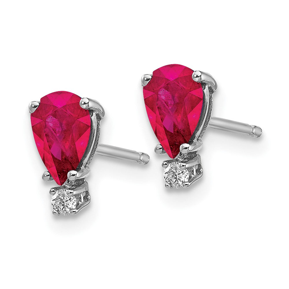 14k White Gold 6x Pear Ruby and A Quality Diamond Post Earrings