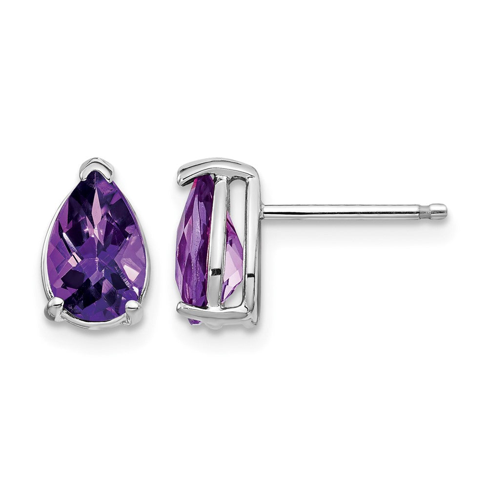 14k White Gold 8x Pear Checker-cut Amethyst Post Earrings