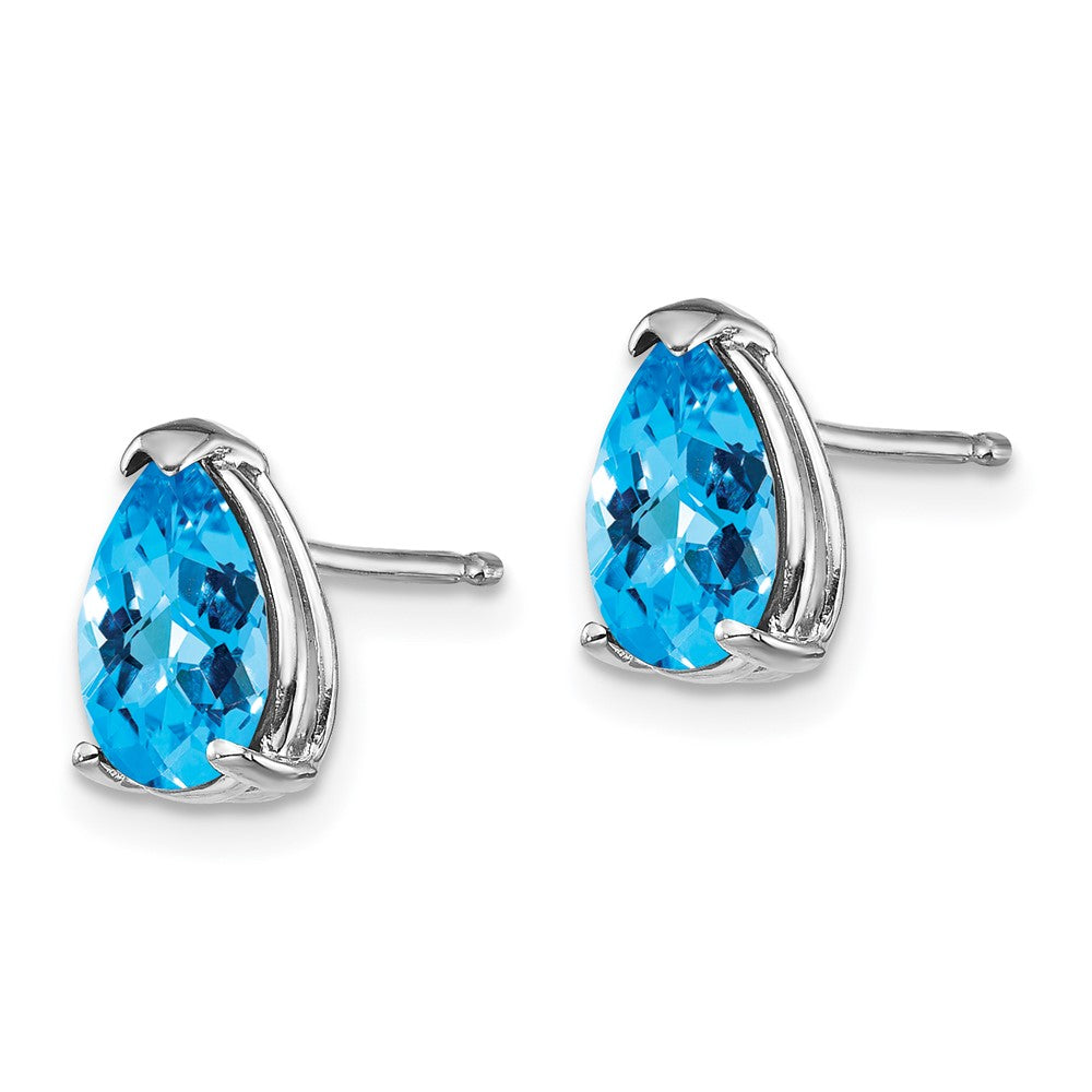 14k White Gold 8x Pear Checker-cut Blue Topaz Post Earrings