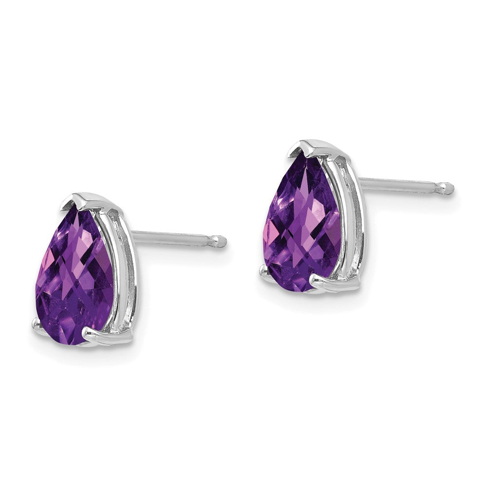 14k White Gold 9x Pear Amethyst Checker Earrings