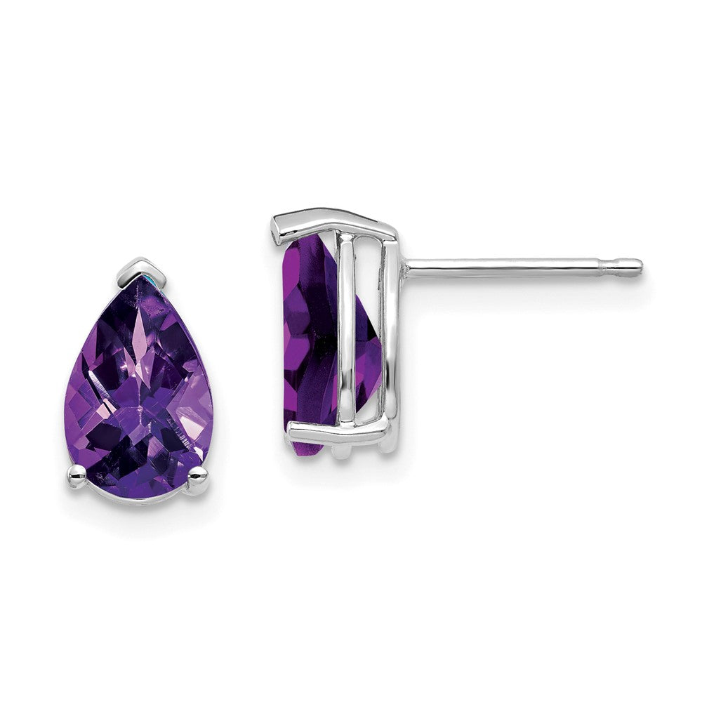14k White Gold 9x Pear Amethyst Checker Earrings