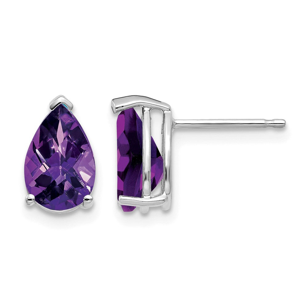 14k White Gold 9x Pear Checker-cut Amethyst Post Earrings