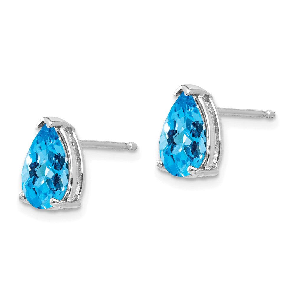 14k White Gold 9x Pear Checker-cut Blue Topaz Post Earrings