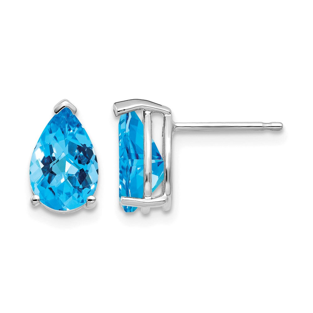 14k White Gold 9x Pear Checker-cut Blue Topaz Post Earrings