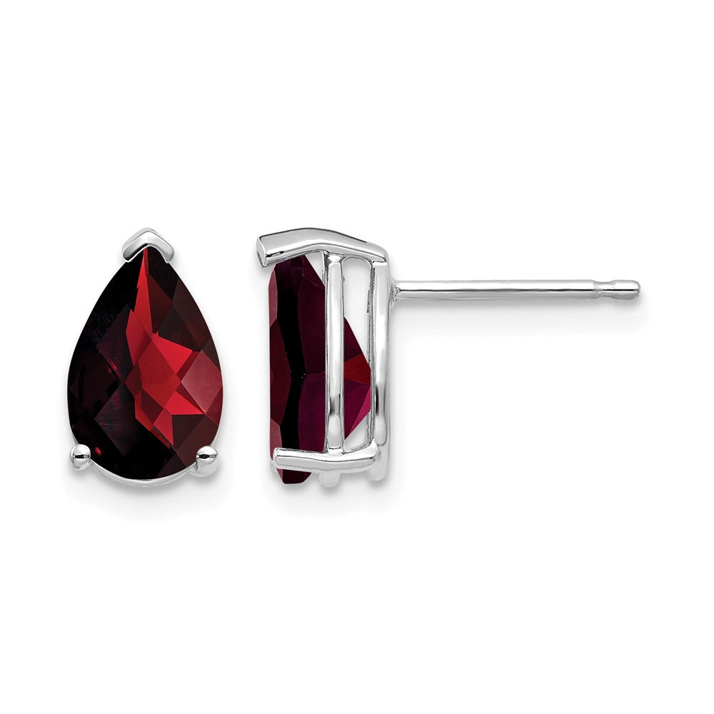 14k White Gold 9x Pear Checker-cut Garnet Post Earrings